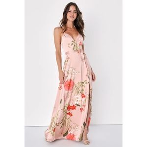 Lulus Still the One Blush Pink Floral Satin Wrap Maxi Dress